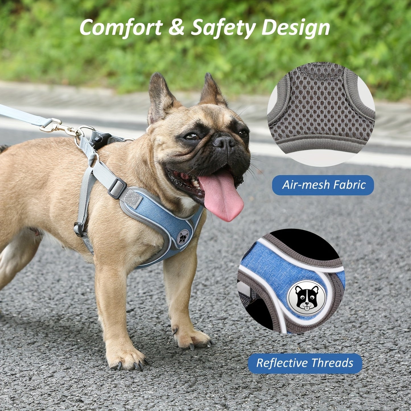 Gray Comfortable Breathable Adjustable Reflective Dog Harness Vest - Polyester, Nighttime Safety Leash Set for Small to Medium Dogs