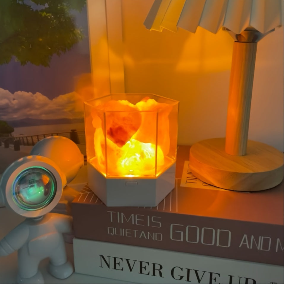 1pc Modern Himalayan Salt LED Night Light - USB-Powered Crystal Lamp with Warm Glow, Decorative Rock Salt Effect for Bedroom, Meditation & Home Ambiance, Includes Wooden Base & Adjustable Brightness, Lamp for Bedroom