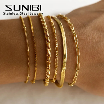 SUNIBI Classic Snake Chain Bracelets for Women Trend Gold Plated Stainless Steel Cuban Chain Bracelet Trendy Woman Gifts Jewelry - Giftcare 