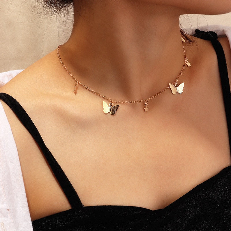 Fashion Choker Necklace Lovely Golden Silver Plated Butterfly Necklace - Giftcare 