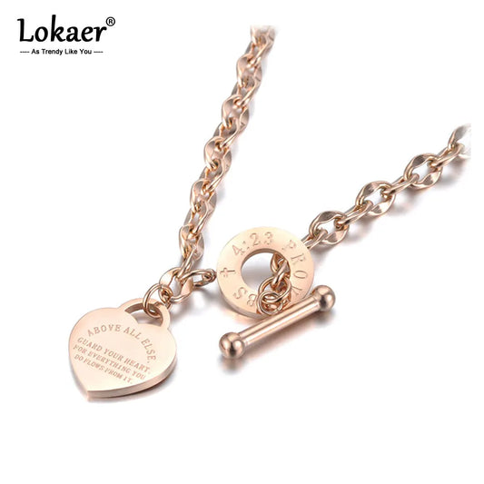 Lokaer Titanium Stainless Steel Heart Charm Pendant Necklaces Jewelry Classic Love Bible Proverbs 4:23 O-Chain Necklace N19085 - Giftcare 