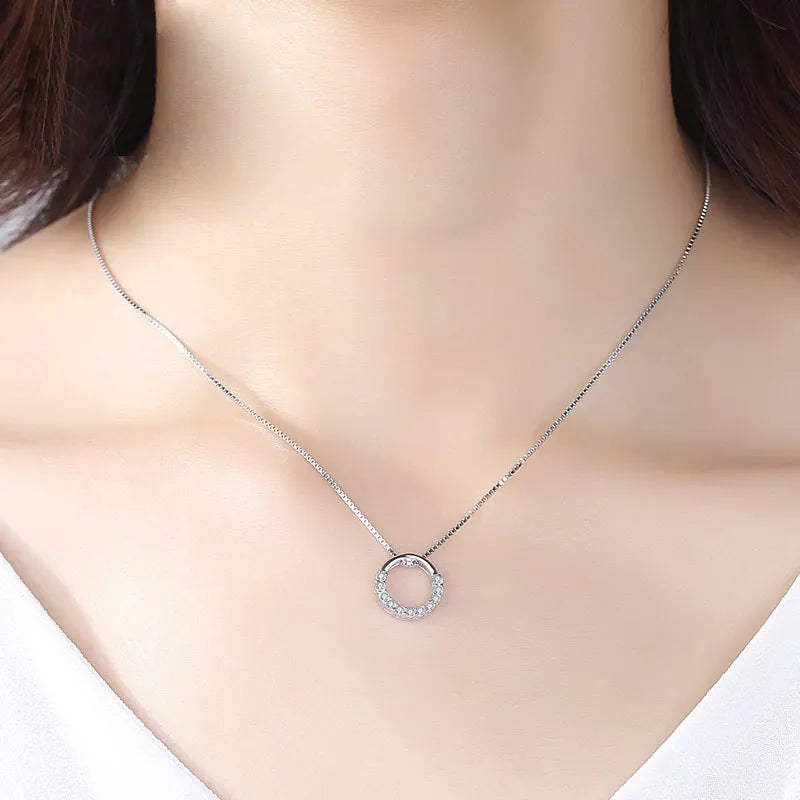 New Fashion 925 Sterling Silver Jewelry Round Zircon Pendants Necklaces Women Fine Semi Rhinestone Circle Clavicle Chain Choker - Giftcare 