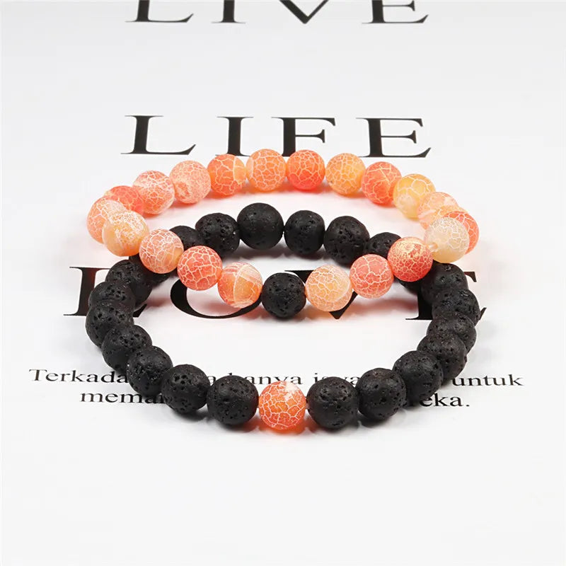 Set Bracelet Couples Distance Black White Natural Lava Stone Tiger Eye Beaded Yoga Bracelets for Men Women Elastic Rope Jewelry.Free shipping