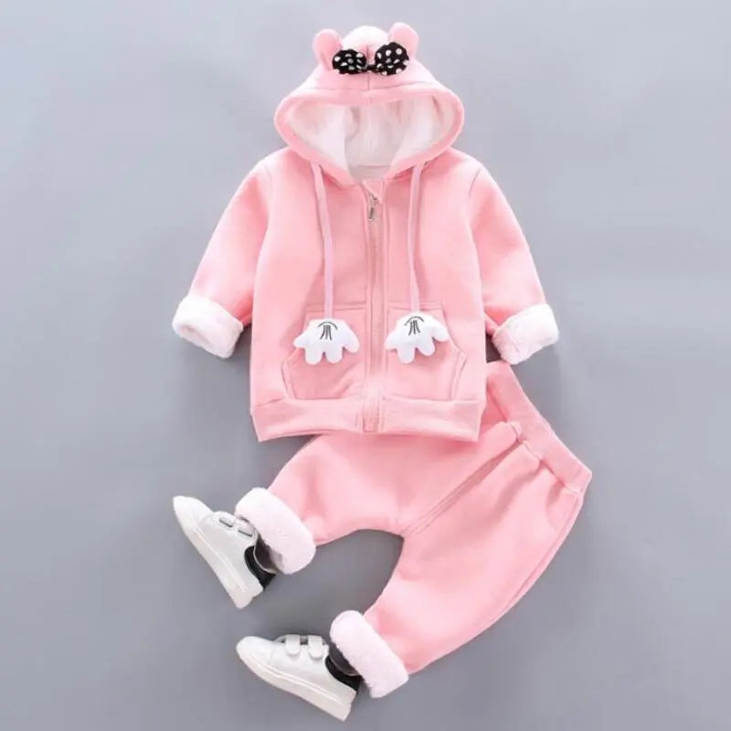 Thick Warm Girls Clothing Set Winter Plush Cotton Outfit For Baby Hoodies Jacket Pants Kids Casual Suit Toddler Boy Wearing - Giftcare 