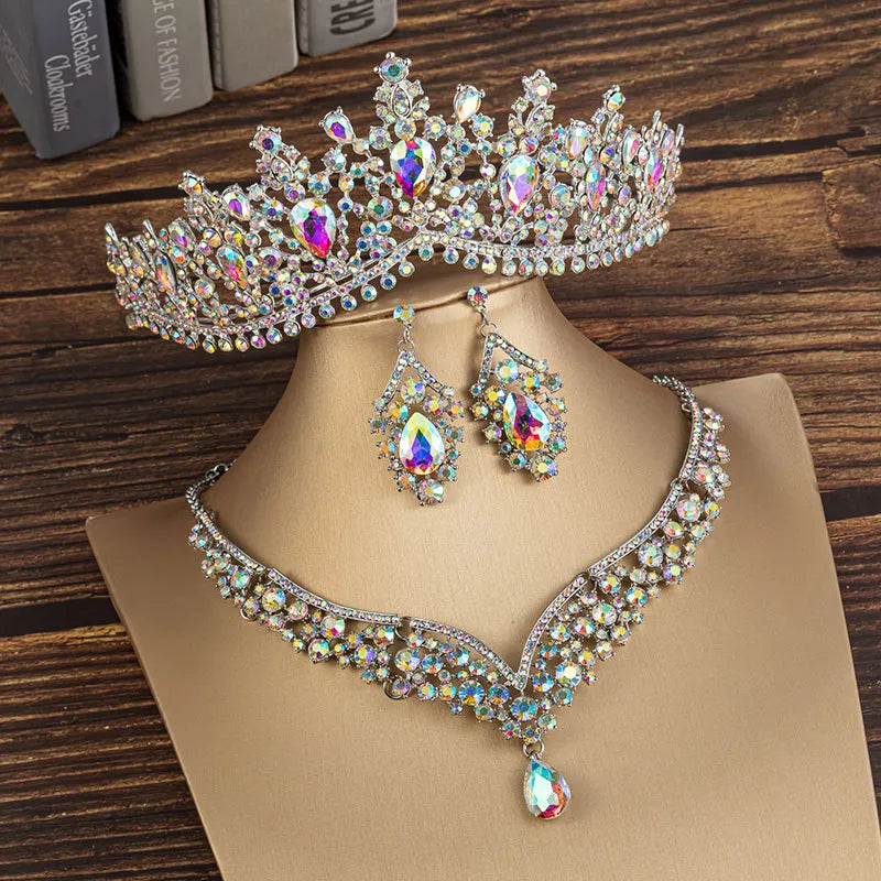 KMVEXO Gorgeous Crystal AB Bridal Jewelry Sets Fashion Tiaras Earrings Necklaces Set for Women Wedding Dress Crown Jewelry Set - Giftcare 