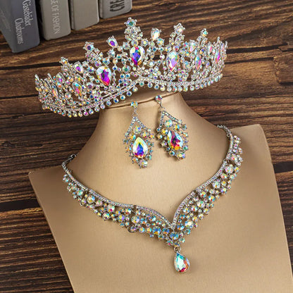 KMVEXO Gorgeous Crystal AB Bridal Jewelry Sets Fashion Tiaras Earrings Necklaces Set for Women Wedding Dress Crown Jewelry Set - Giftcare 