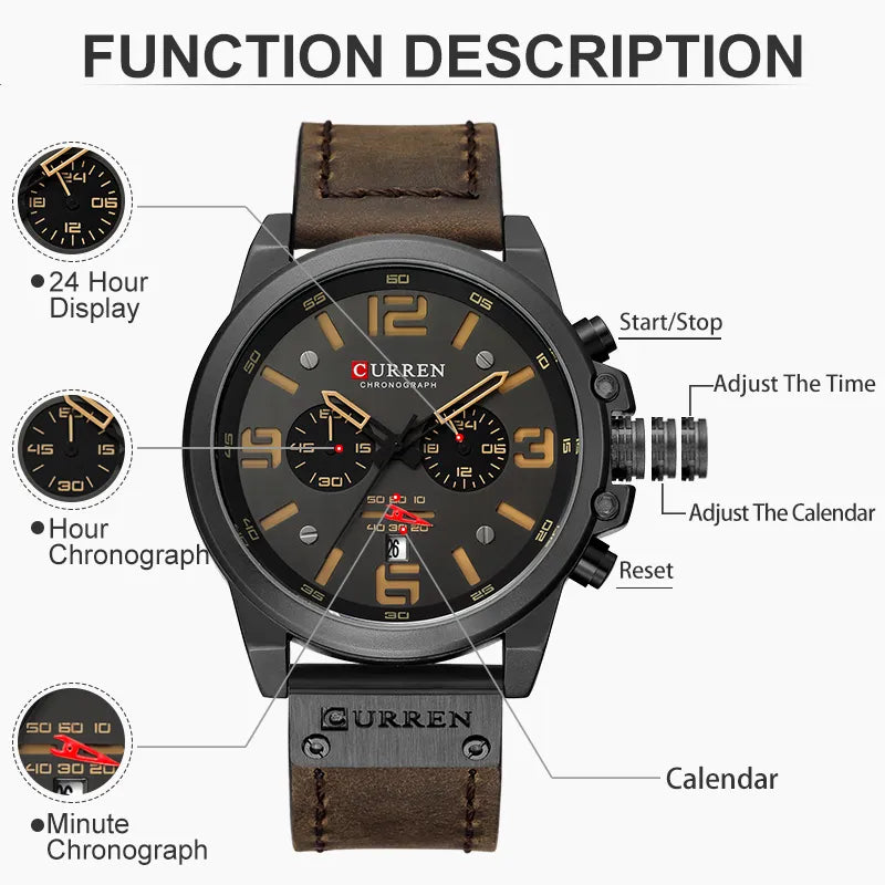 CURREN Mens Watches Top Luxury Brand Waterproof Sport Wrist Watch Chronograph Quartz Military Genuine Leather Relogio Masculino - Giftcare 