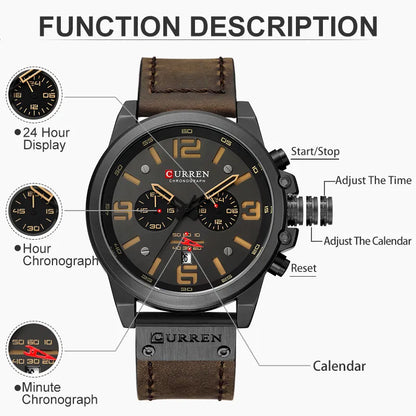 CURREN Mens Watches Top Luxury Brand Waterproof Sport Wrist Watch Chronograph Quartz Military Genuine Leather Relogio Masculino - Giftcare 