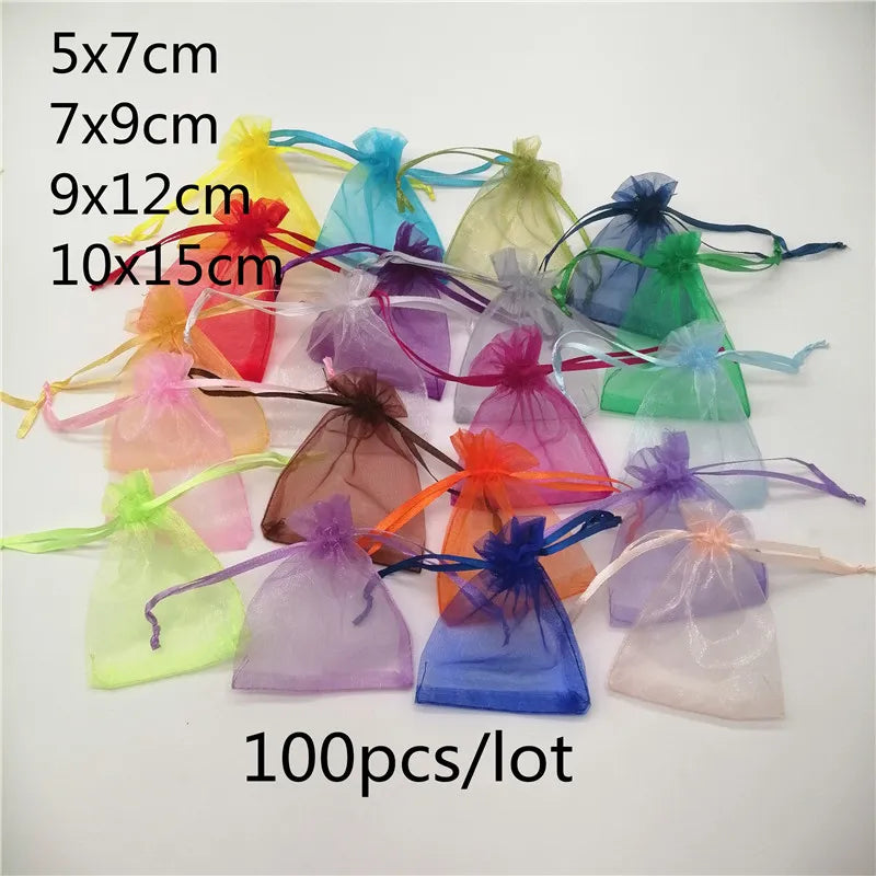 100pcs/lot 5x7/7x9/10x15cm Organza Jewelry Bags Pouch Organza Drawstring Bag Jewelry Packaging For Jewelry Pouches Jewellery Bag - Giftcare 