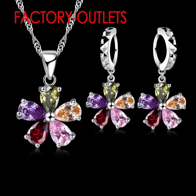 Pendant Necklace Hoop Earrings Ring Jewelry Set 925 Sterling Silver Austrian Colourful Crystal Lovers' Gift For Anniversary - Giftcare 