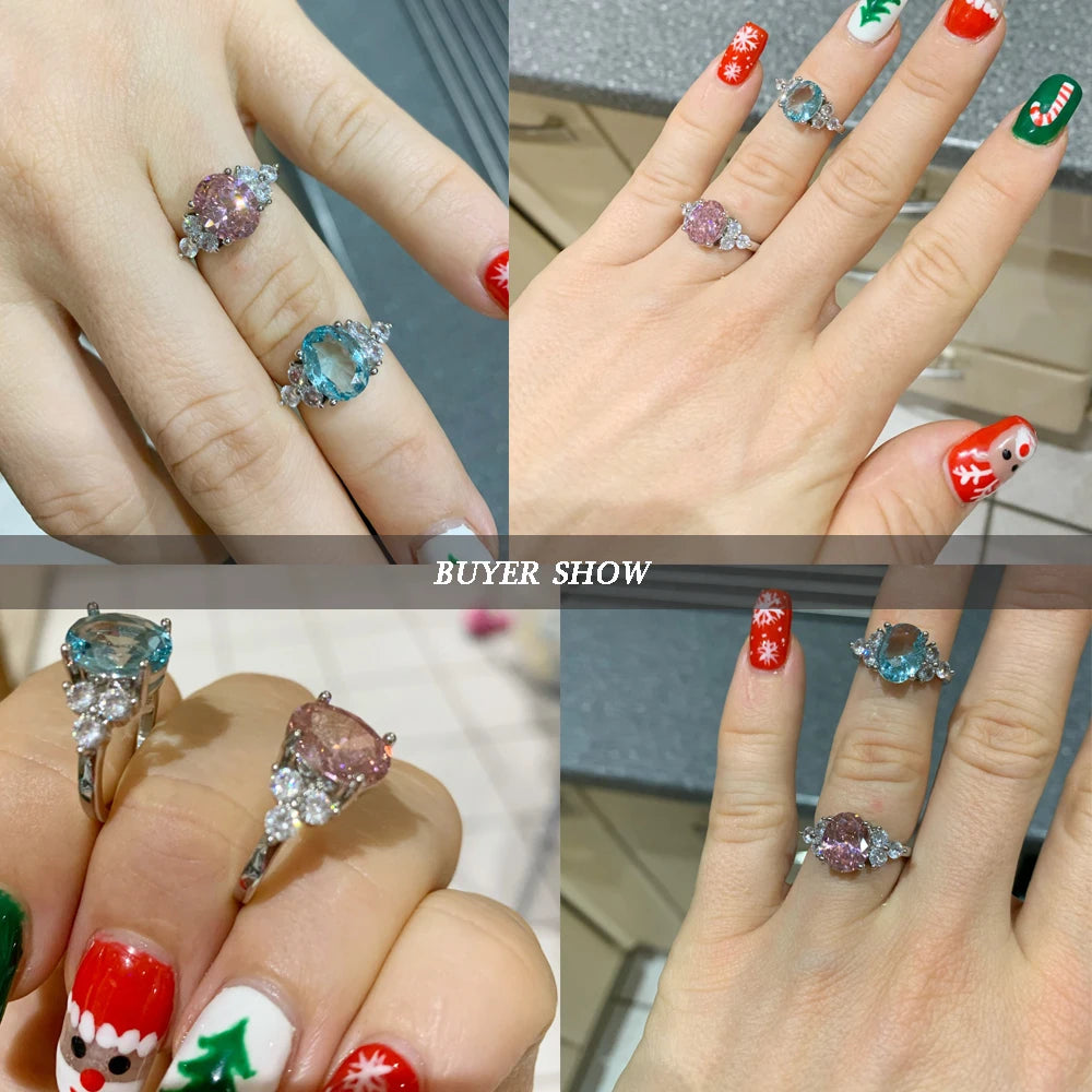 Women's Jewelry 925 Sterling Silver Rings White Pink Light Blue Champagne Zircon Oval Wedding Ring.Free shipping