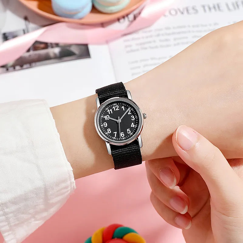 Easy to Read Kids Watch Slip-Thru Fabric Strap Japan Movement Silver Tone Case 28MM - Giftcare 