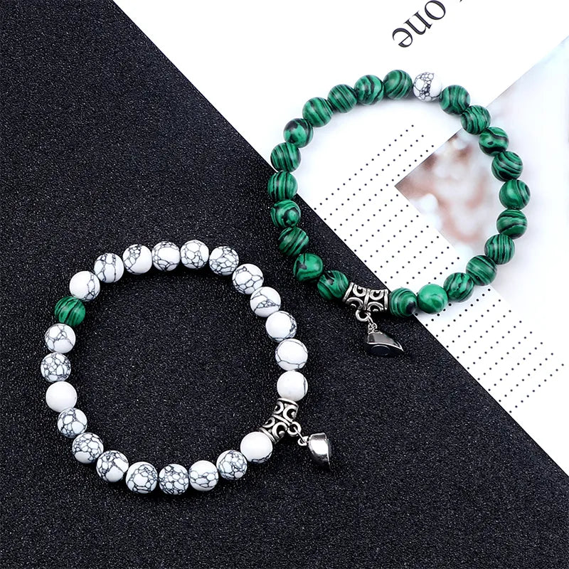 Hot Sale 2Pcs/Set Beads Bracelet For Lovers Natural Stone Distance Heart Magnet Couple Bracelets Friendship Fashion Jewelry Gift.Free shipping