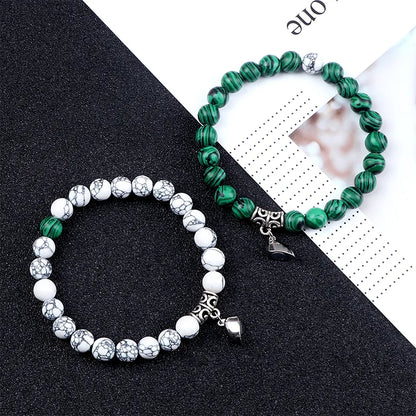 Hot Sale 2Pcs/Set Beads Bracelet For Lovers Natural Stone Distance Heart Magnet Couple Bracelets Friendship Fashion Jewelry Gift.Free shipping