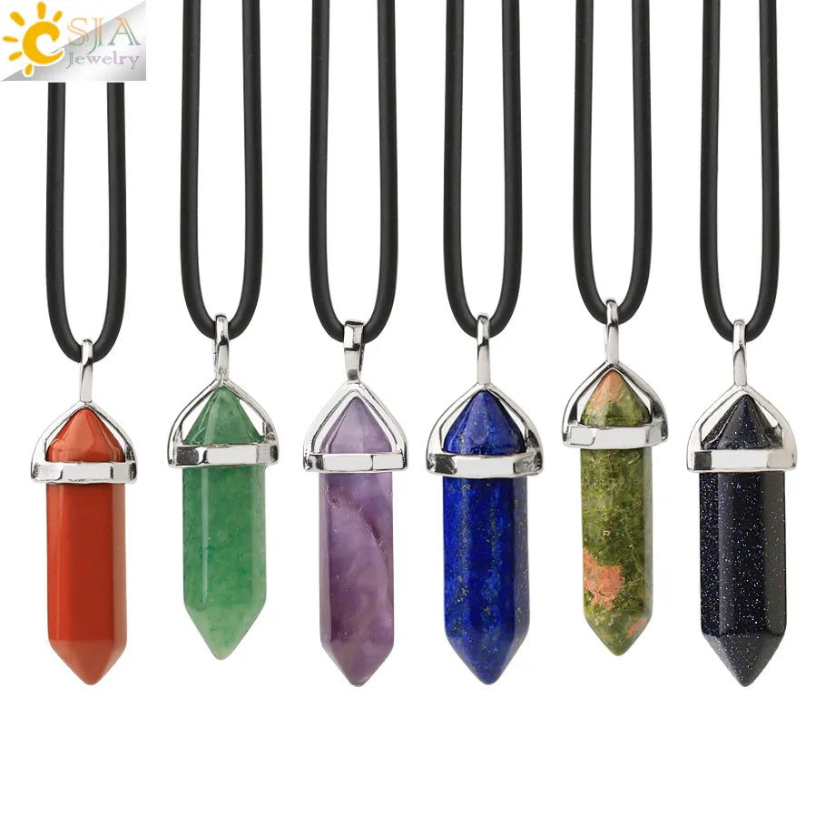 CSJA Crystal Necklaces Natural Gem Stone Quartz Necklace Pendant Chakra Hexagonal Bullet Amethysts Pink Quartz Lapis Lazuli G957 - Giftcare 