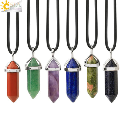 CSJA Crystal Necklaces Natural Gem Stone Quartz Necklace Pendant Chakra Hexagonal Bullet Amethysts Pink Quartz Lapis Lazuli G957 - Giftcare 