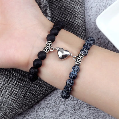 Hot Sale 2Pcs/Set Beads Bracelet For Lovers Natural Stone Distance Heart Magnet Couple Bracelets Friendship Fashion Jewelry Gift.Free shipping