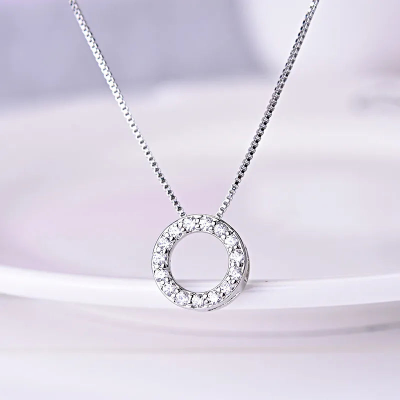 New Fashion 925 Sterling Silver Jewelry Round Zircon Pendants Necklaces Women Fine Semi Rhinestone Circle Clavicle Chain Choker - Giftcare 