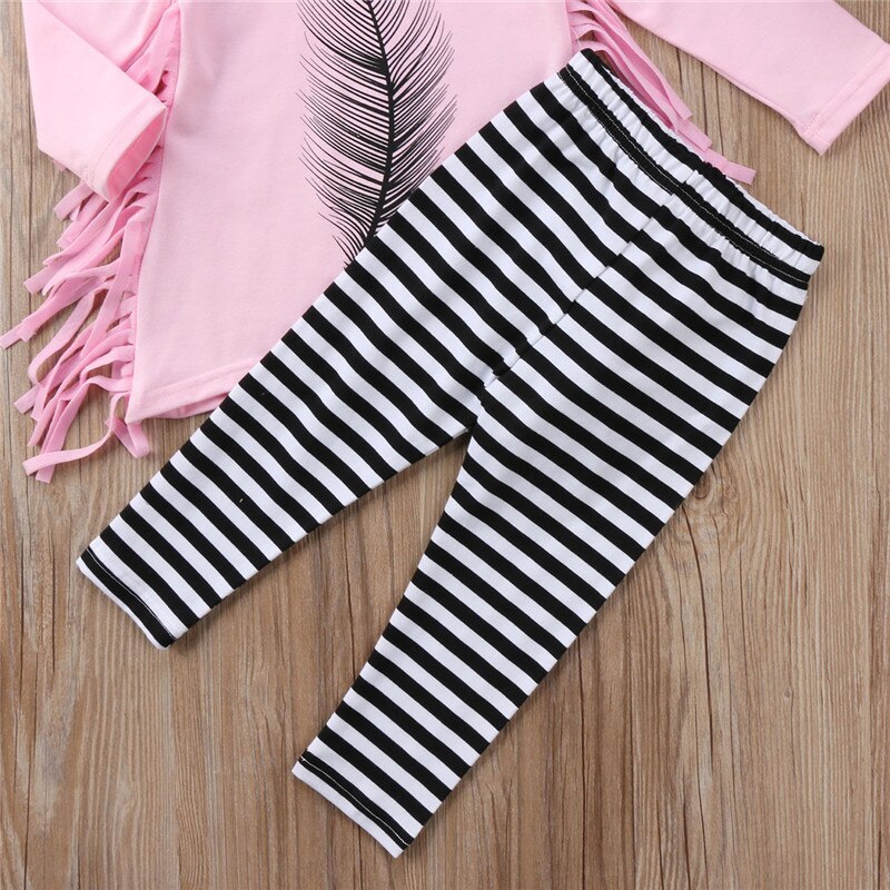 2pcs Autumn Winter Baby Girls Clothes Long Sleeve Feather Kids Tassel Top+Striped Pant Baby Clothing Set - Giftcare 