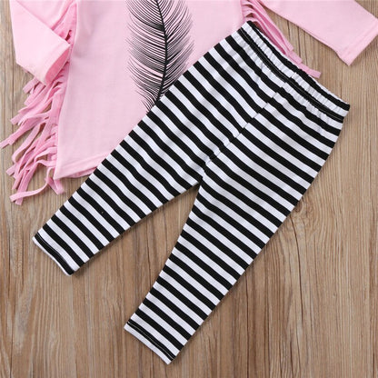 2pcs Autumn Winter Baby Girls Clothes Long Sleeve Feather Kids Tassel Top+Striped Pant Baby Clothing Set - Giftcare 