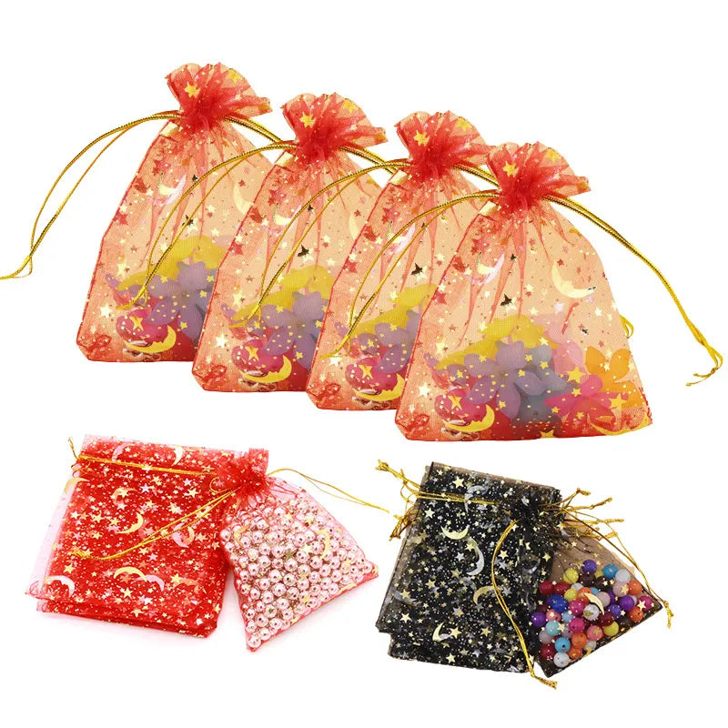 100pcs/bag  Moon Star Organza  7x9 9x12cm Small Christmas Drawstring Gift Bag Charm Jewelry Packaging Bags & Pouches - Giftcare 
