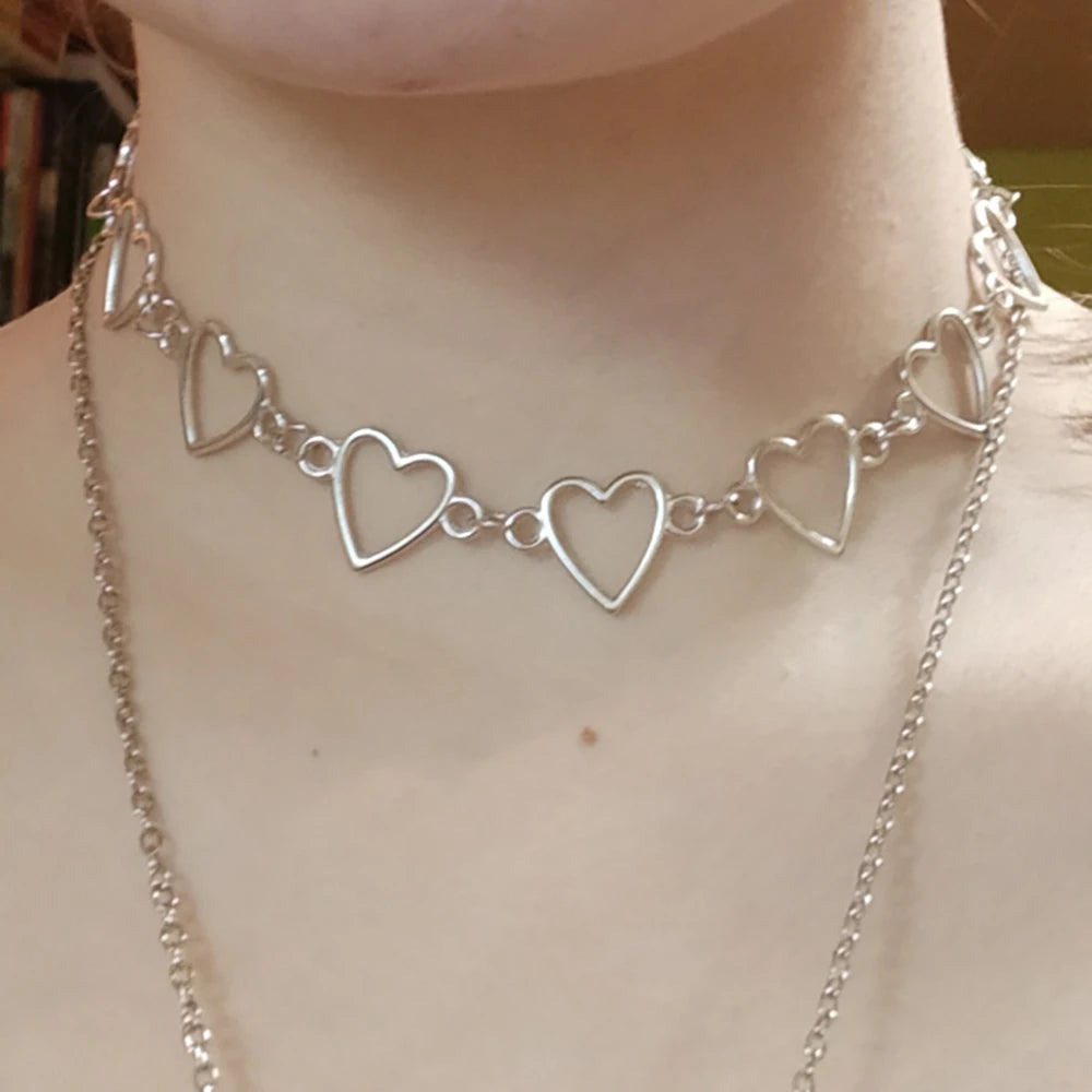 Korean Sweet Love Heart Choker Necklace Silver Gold Hollow Heart Necklace Jewelry Collier Femme Gifts Women Men Fashion Long Cha.Free Shipping - Giftcare 