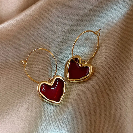 Sweet Burgundy Enamel Heart Earrings for Women Girl Gold Color Metal Love Heart Hanging Dangle Earrings Vintage Jewelry - Giftcare 
