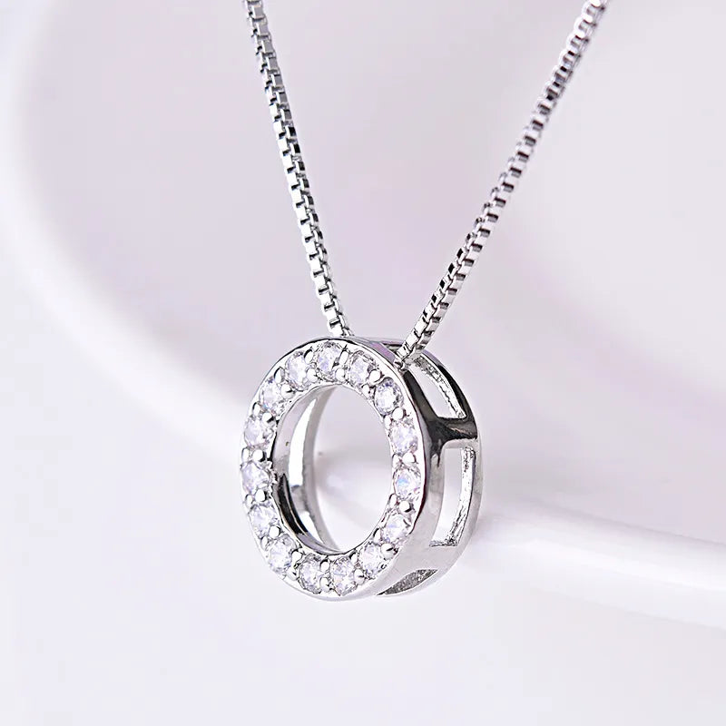 New Fashion 925 Sterling Silver Jewelry Round Zircon Pendants Necklaces Women Fine Semi Rhinestone Circle Clavicle Chain Choker - Giftcare 