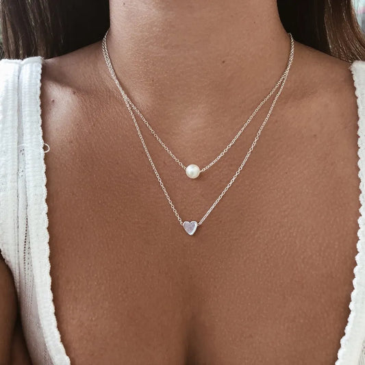 New Double Layer Necklace For Women Imitation Pearl Crystal Heart Pendant Chokers Necklaces Girls Gift Bohemia Cheap Jewelry.Free Shipping - Giftcare 