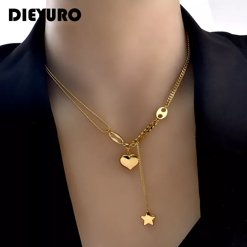 DIEYURO 316L Stainless Steel Long Love Heart  Women Girls Necklaces&Pendant Star Hanging Chain Choker Sweet Valentine's Day Gift - Giftcare 