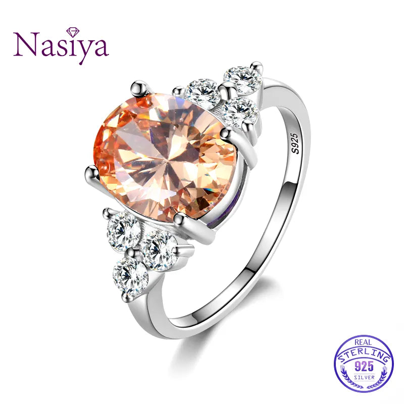 Women's Jewelry 925 Sterling Silver Rings White Pink Light Blue Champagne Zircon Oval Wedding Ring.Free shipping