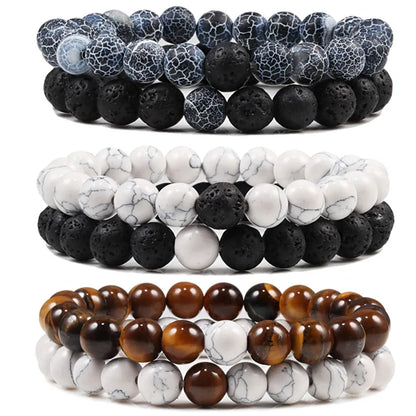 Set Bracelet Couples Distance Black White Natural Lava Stone Tiger Eye Beaded Yoga Bracelets for Men Women Elastic Rope Jewelry.Free shipping