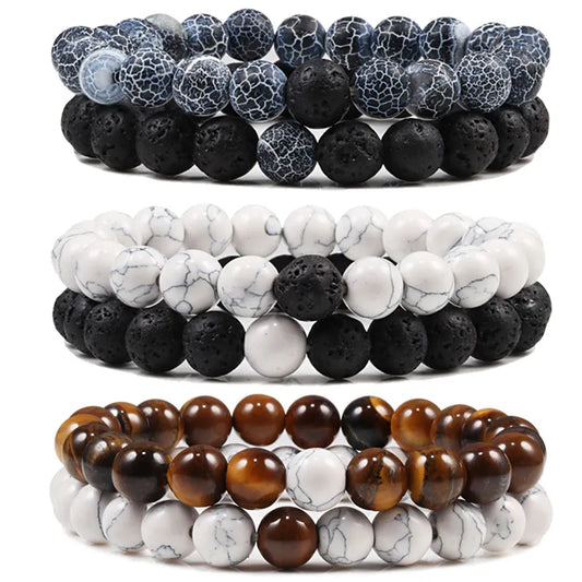 Set Bracelet Couples Distance Black White Natural Lava Stone Tiger Eye Beaded Yoga Bracelets for Men Women Elastic Rope Jewelry.Free shipping