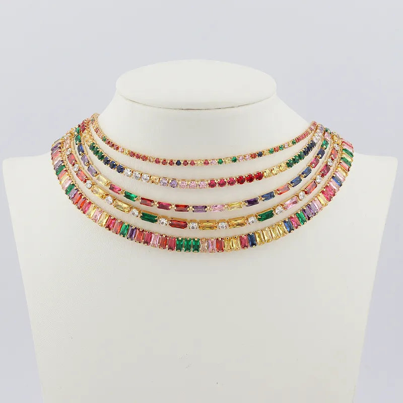 NEWESThigh quality rainbow baguetee cz bar geometric Pendant & Necklaces colorful crystal Gold filled women fashion choker gifts - Giftcare 