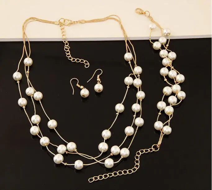 Imitation Pearl Jewelry Set Simulated Pearl Double Layer Women Earrings Necklace Bracelet Sets for Wedding N271 - Giftcare 