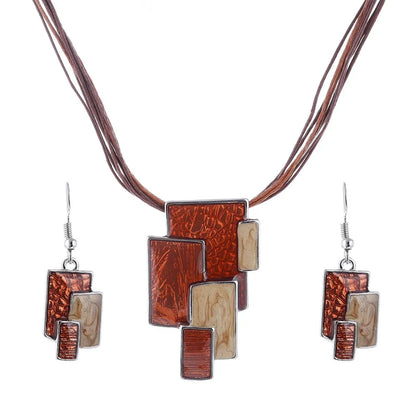 Bohemian Enamel Jewelry Sets For Women Silver Plated Geometric Big Gem Pendant Necklace And Earrings Set Wholesle Jewelry Set - Giftcare 