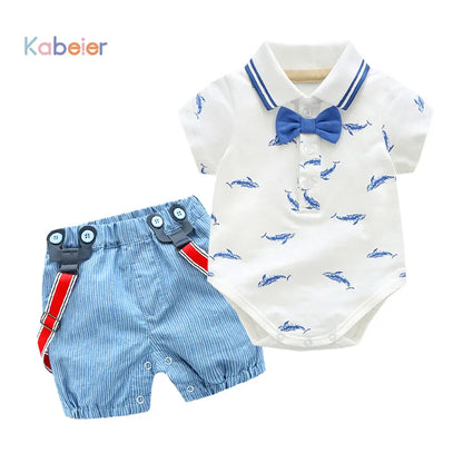 0-2Y Summer Newborn Baby Boy Romper Clothes set Little Shark T-shirt Overalls +Blue Shorts Outfits Clothes Baby Clothing Set - Giftcare 