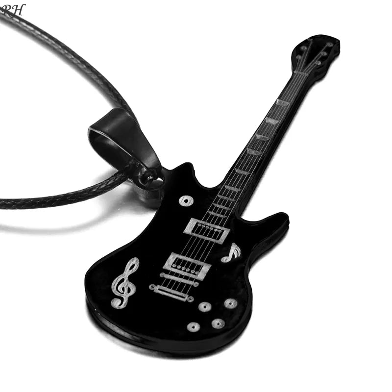 Fashion 316L Stainless Steel Guitar Necklace For Men Pendants Leather Chain Men Necklaces - Giftcare 