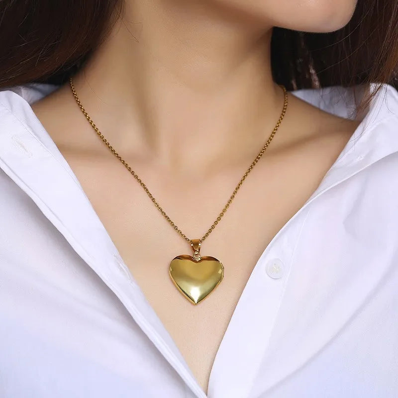 Vnox Light Heart Locket Pendants for Women Men Openable Photo Frame Glossy Stainless Steel Necklaces Family Love Collar - Giftcare 