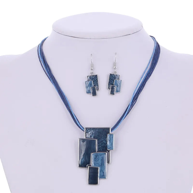 Bohemian Enamel Jewelry Sets For Women Silver Plated Geometric Big Gem Pendant Necklace And Earrings Set Wholesle Jewelry Set - Giftcare 