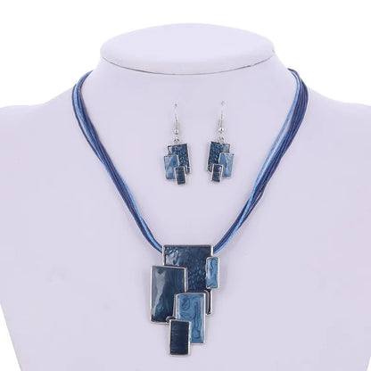 Bohemian Enamel Jewelry Sets For Women Silver Plated Geometric Big Gem Pendant Necklace And Earrings Set Wholesle Jewelry Set - Giftcare 