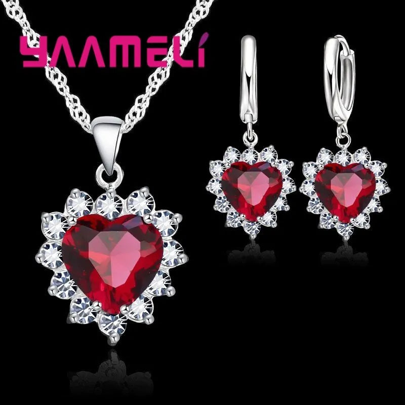Trendy 925 Sterling Silver Jewelry Set for Women Heart CZ Stone Charm Pendants Necklaces Earrings LOVE Anniversary Gift - Giftcare 