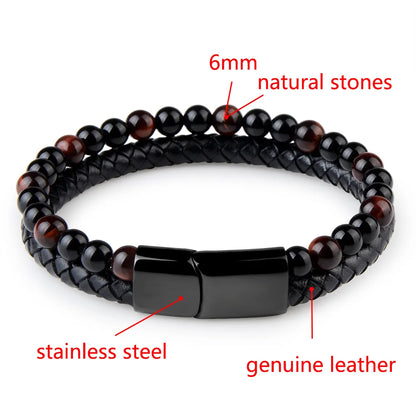 Natural Stone Bracelets Genuine Leather Braided Bracelets Black Stainless Steel Magnetic Clasp Tiger eye Bead Bangle Men Jewelry.Free Shipping
