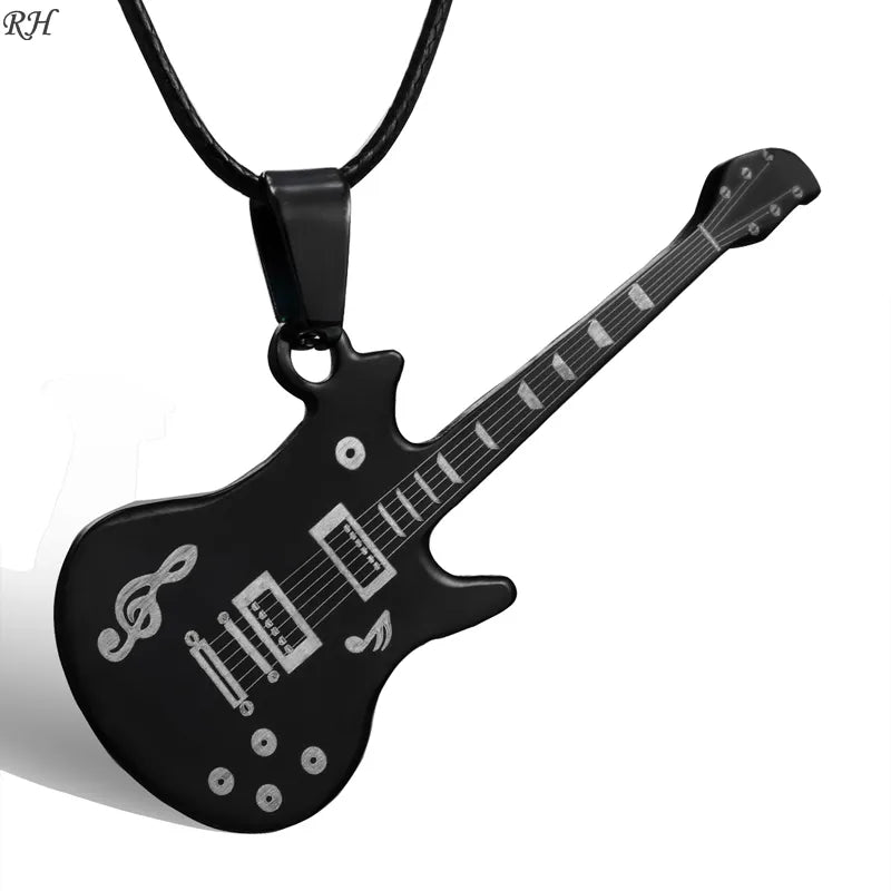 Fashion 316L Stainless Steel Guitar Necklace For Men Pendants Leather Chain Men Necklaces - Giftcare 