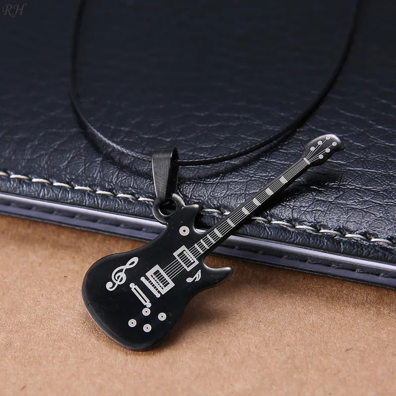 Fashion 316L Stainless Steel Guitar Necklace For Men Pendants Leather Chain Men Necklaces - Giftcare 