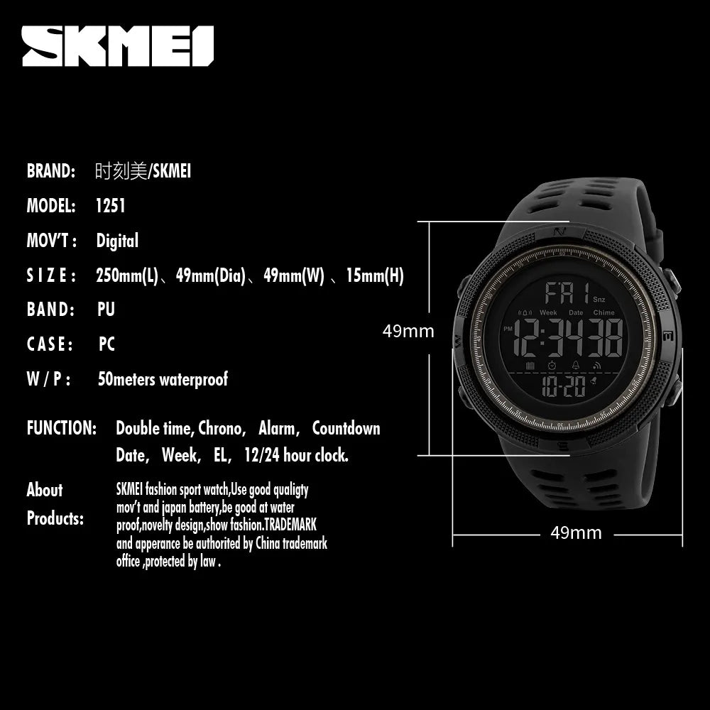 SKMEI Brand Men Sports Watches Fashion Chronos Countdown Waterproof LED Digital Watch Man Military Wrist Watch Relogio Masculino - Giftcare 