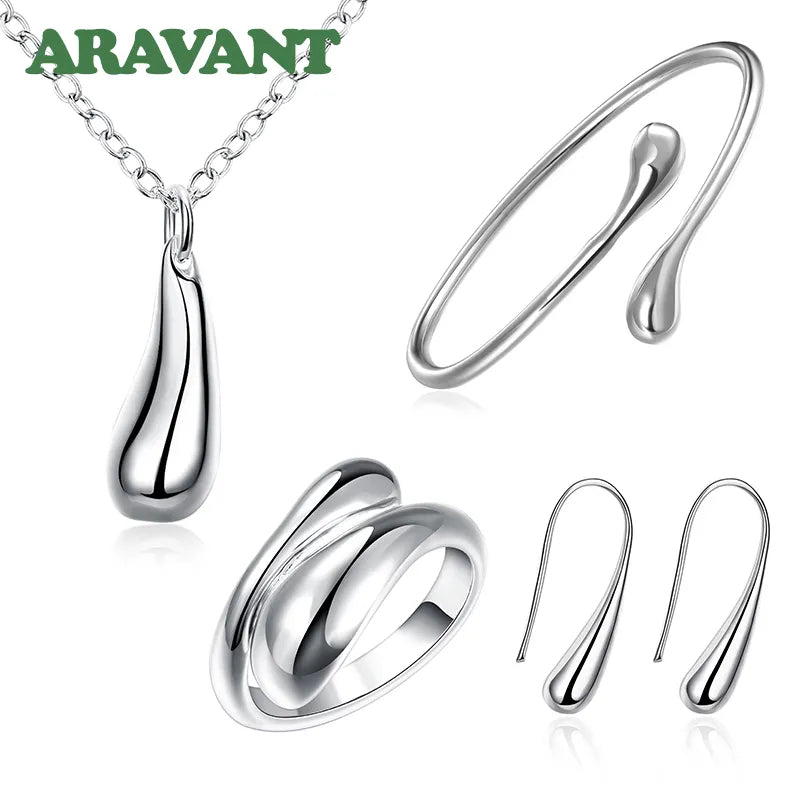 Fashion Wedding Bridal Jewelry Set 925 Silver Jewelry Water Drop Necklace Bangles Rings Earrings Sets For Women Party Gifts - Giftcare 