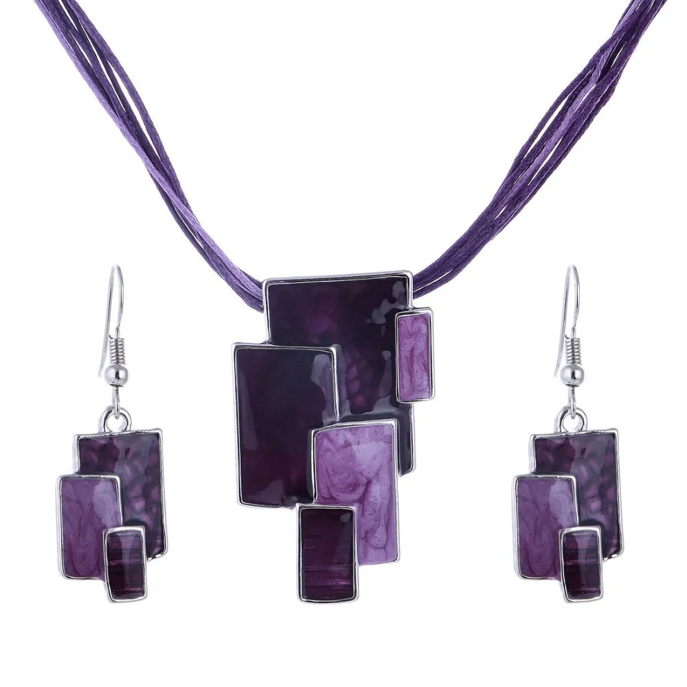 Bohemian Enamel Jewelry Sets For Women Silver Plated Geometric Big Gem Pendant Necklace And Earrings Set Wholesle Jewelry Set - Giftcare 