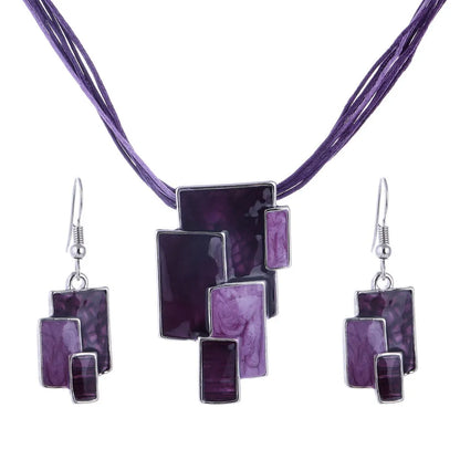 Bohemian Enamel Jewelry Sets For Women Silver Plated Geometric Big Gem Pendant Necklace And Earrings Set Wholesle Jewelry Set - Giftcare 