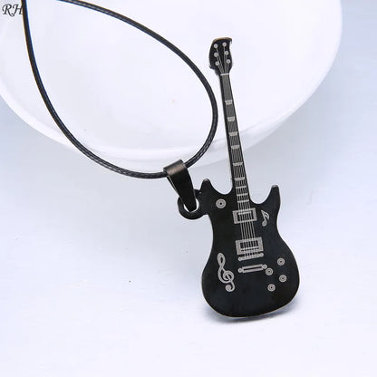 Fashion 316L Stainless Steel Guitar Necklace For Men Pendants Leather Chain Men Necklaces - Giftcare 